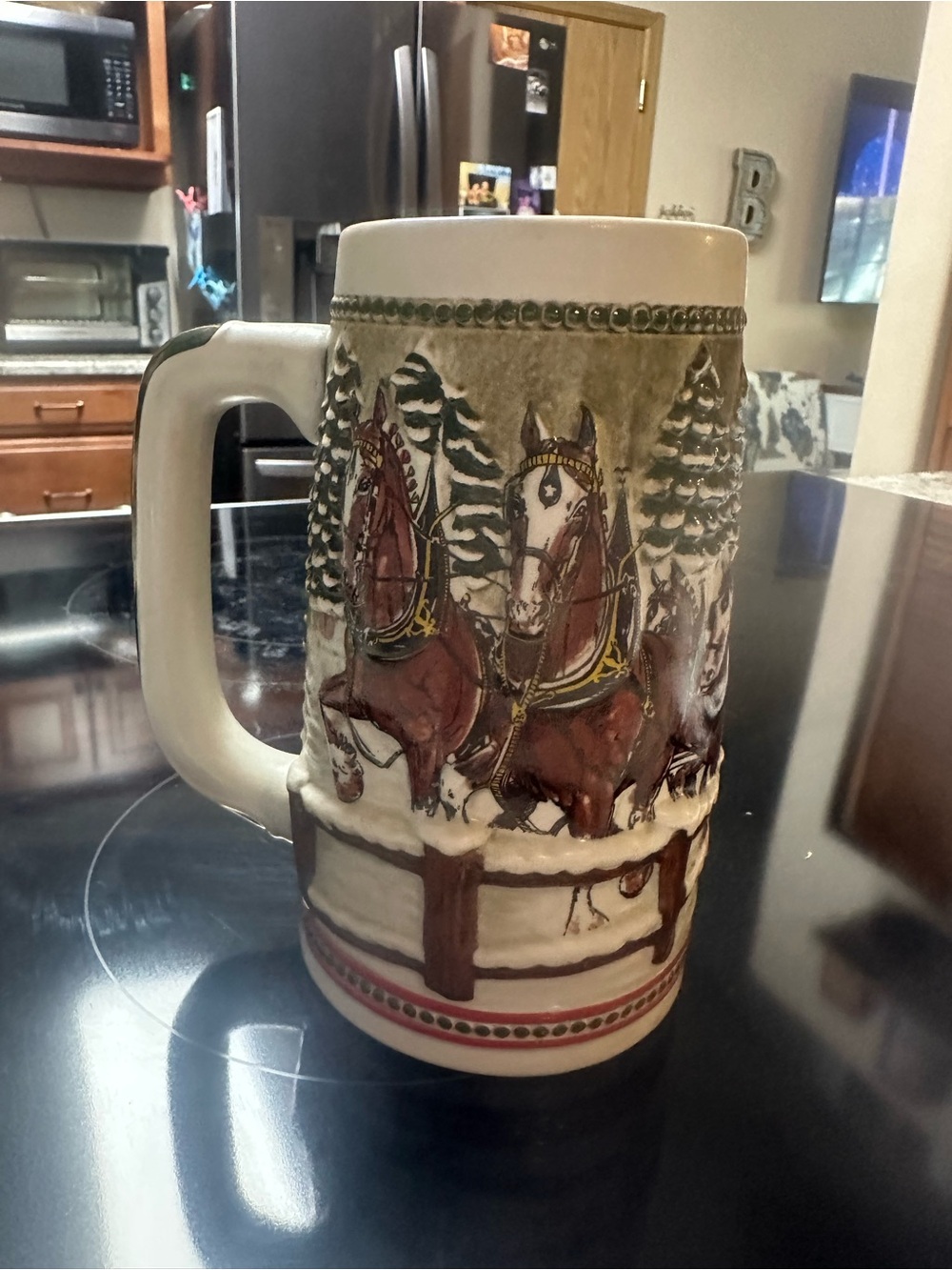 Hand-Painted Winter Horse Ceramic Beer Stein - Brown